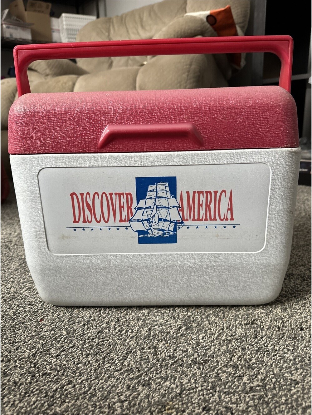 Antique Rubbermaid Discover America Red And White Cooler Made Is USA model 1811
